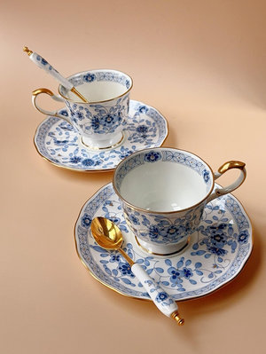 日本Narumi鳴海Milano米蘭骨瓷青花咖啡杯茶杯碟 鍍