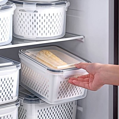 日本雙層瀝水籃保鮮盒廚房微波冷凍密封盒塑料飯盒冰箱*特價