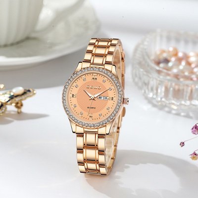 手錶辰諾SENO 熱賣玫瑰金表防水時尚情侶手表雙日歷石英表