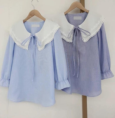 【韓國連線】alice 愛麗斯韓國 163167 甜美蕾絲滾邊領中綁蝴蝶結直條紋襯衫上衣