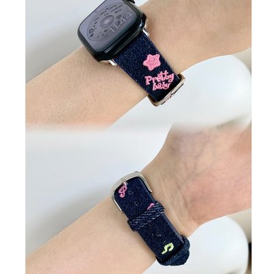 可愛刺繡牛仔帆布錶帶 適用於 Apple Watch S8/Ultra/7/6/se2/4 蘋果智能手錶配件 女生 夏季