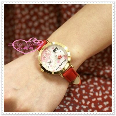 小花花日本精品♥ Hello Kitty 日本製 水鑽手錶浮雕軟陶皮革錶帶～紅側姿櫻花99910808/99912109