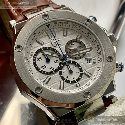 GUESS手錶,編號GC00520,44mm銀八角形精鋼錶殼,幾何立體圖形, 銀白三眼, 運動錶面,咖啡色真皮皮革錶帶