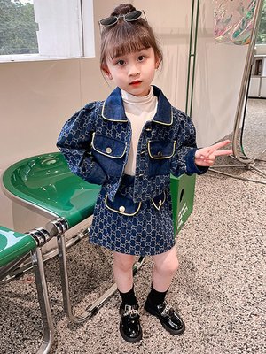 女童洋氣牛仔套裝秋裝2022新款網紅兒童時髦寶寶小香風外套兩件套~特價特賣