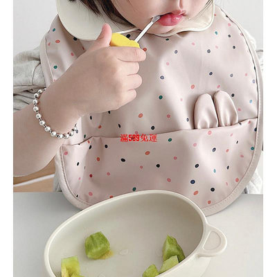 (全館現貨)韓國Ins彩色圓點寶寶吃飯防水圍兜 口水兜-滿599免運