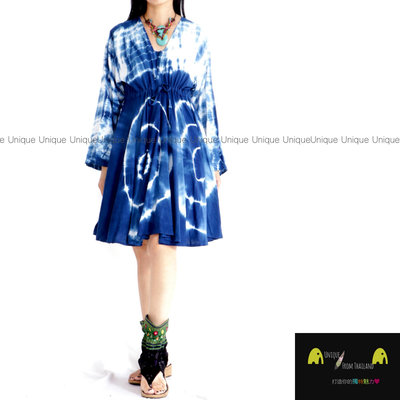 Unic＠泰國進口洋裝TD390『只有一件＿藍染100%純棉V領＿長袖洋裝＿高腰拉繩傘擺洋裝』異國風 超顯瘦