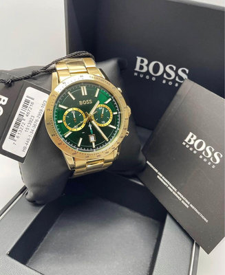 HUGO BOSS Allure 綠色錶盤 金色不鏽鋼錶帶 石英 三眼計時 男士手錶 1513923