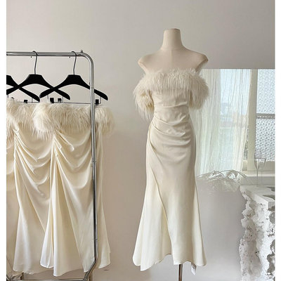從一時刻 浮世舞會 白色洋裝 一字肩連衣裙 新款晚會顯瘦裙子 尾牙洋裝 生日禮裙