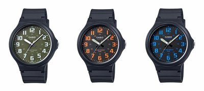 【神梭鐘錶】CASIO WATCH卡西歐個性黑藍.黑橘.軍綠白配色學生考試實用清晰大錶面指針黑腕錶 型號：MW-240