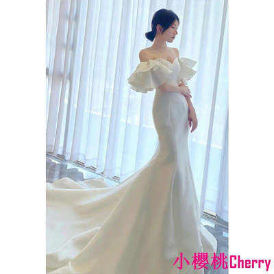 小櫻桃Cherry【】一字領輕婚紗2023新款新娘拖尾氣質森系法式緞面出門紗超仙旅拍女