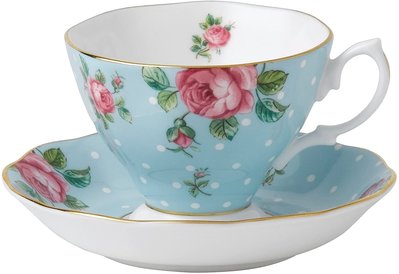全新正品。英國皇家品牌 ROYAL ALBERT。藍色圓點玫瑰 - 茶杯(180ml)及茶杯托盤組。預購
