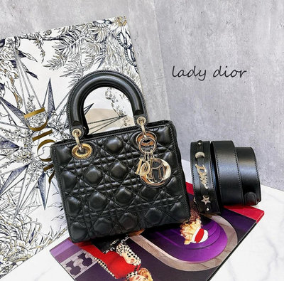 二手旗艦 Dior 迪奧 黑色 羊皮 菱格 LADY DIOR 黛妃包 手提包 肩背包5X4(中友店)