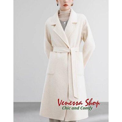 VENESSA~ 義大利 新款 時尚寬鬆 手工雙面羊毛呢 女の翻領綁帶長版大衣外套 大碼 3色 (V1447)