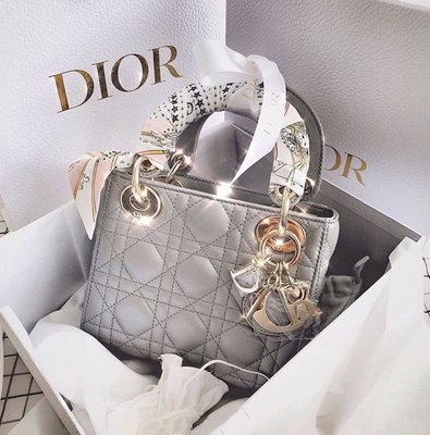 【翰貝格名牌館】全新真品 Dior MINI LADY 乳灰色 珠光 籐格紋 金鏈 迷你款 黛妃包 手提包