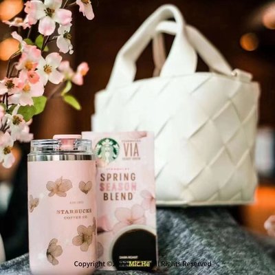 現貨熱銷-限量星巴克2022春絕美粉色櫻花隨手杯VIA咖啡禮包組含白色編織包