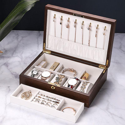大號木製首飾盒, 帶鎖環項鍊耳環珠寶展示雙層收納盒