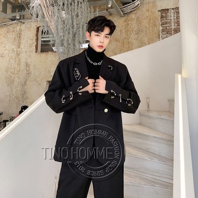《TINO HOMME》2019秋冬新款不規則剪裁日韓版英倫風OVERSIZE鐵圈裝飾休閒西裝外套