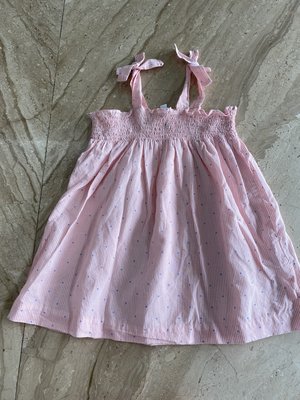 法國童裝名牌 Jacadi 女寶寶法式經典粉紅條紋底藍點點Essential Sundress洋裝 (附小褲褲) 18M