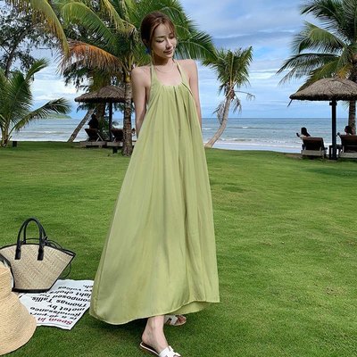 熱賣時尚露肩洋裝性感露背法式酪梨綠洋裝女夏三亞拍照海邊度假沙灘裙長裙超仙
