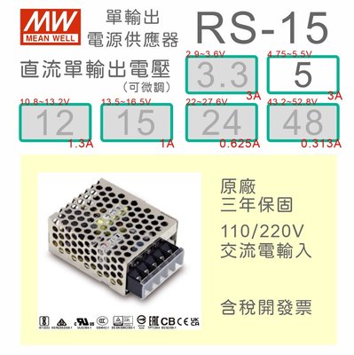 【保固附發票】MW明緯 15W 電源 RS-15-5 5V3A 變壓器 監視器電源 LED驅動器電源