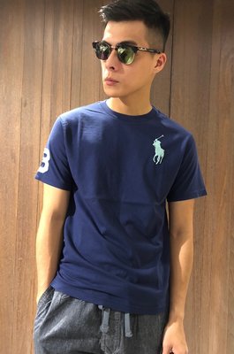 美國百分百【Ralph Lauren】T恤 RL 短袖 T-shirt Polo 大馬 蒂芬妮綠馬 素面 深藍 E102
