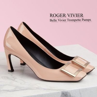 【折扣預購】20春夏Roger Vivier Belle Vivier Trompette 鮭魚粉膚色方扣方頭高跟鞋RV