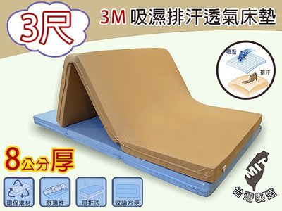 【在地人傢俱】3M吸濕排汗透氣床墊3尺單人折疊式床墊/三摺床墊/厚8公分薄墊~雙層床可用 SH064-10
