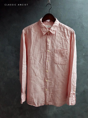 CA 日本品牌 UNIQLO 粉紅 純亞麻 長袖襯衫 L號 一元起標無底價R68