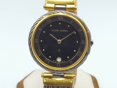 【發條盒子H3492】CHARRIOL 夏利豪 法國品牌 羅馬黑面 鍍金/不銹鋼鋼索 石英中性錶