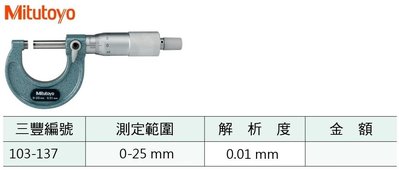 日本三豐Mitutoyo 103-137 外徑分厘卡 外徑測微器 0-25mm 解析度0.01mm