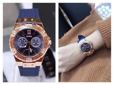 GUESS 鑲水晶玫瑰金色配海軍藍色錶盤 藍色矽膠錶帶 石英 女士手錶 W1053L1