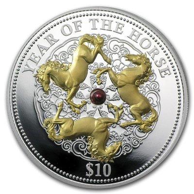 【海寧潮現貨】斐濟2014年生肖系列馬年鑲嵌天然珍珠鍍金銀幣