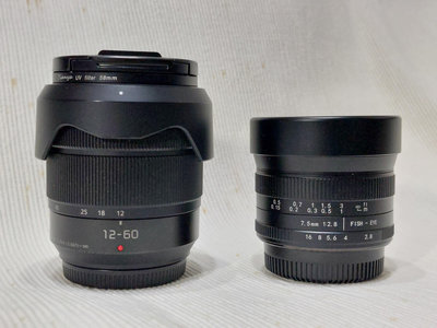 M43鏡頭兩支一起賣. Panasonic 12-60mm f3.5-5.6變焦鏡頭及七工匠 7.5mm f2.8 II二代超廣角魚眼手動鏡頭.