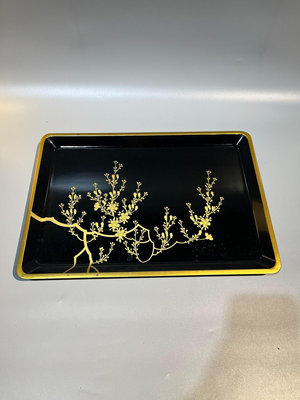 日本帶回 大漆金時繪 長方形茶盤 托盤 樹木 風景金涂畫