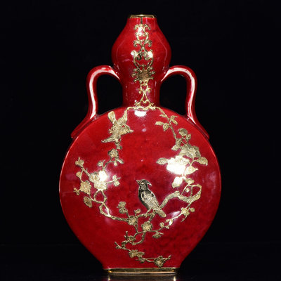 中國古瓷 明宣德年多字款霽紅包金扁瓶40*25m6000RT-8578