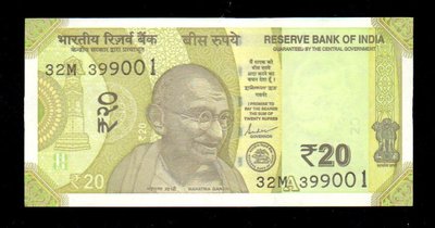 【低價外鈔】 印度 2022年 20 Rupees 紙鈔一枚，甘地圖案，少見~