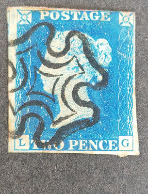 英國郵票，1840年第一版無齒藍便士舊，清晰十字戳，有裂口