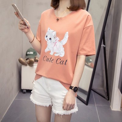 Ding鈴鈴~貓咪字母短袖T恤上衣Round neck cat print short sleeve T-shirt