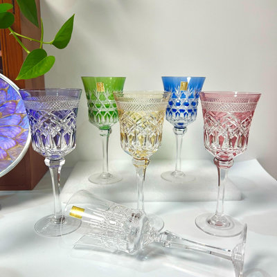 日本頂級水晶Kagami水晶高腳杯純色彩色江戶切子 紅酒杯江