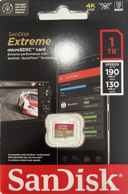 Sandisk Extreme microSDXC 1TB 記憶卡〔無轉卡〕TF 1T U3 A2 V30 190MB/s 公司貨 SDSQXAV