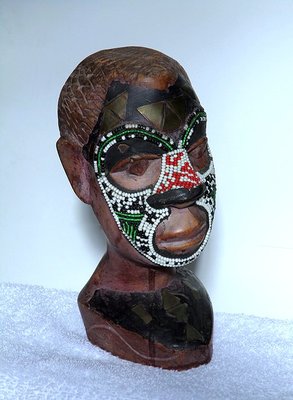 非洲木雕頭像黑人原住民非洲工藝品原木器銅片琉璃珠【心生活美學】