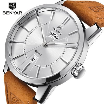 百搭手錶 Benyar時尚爆款男士手錶男真皮錶帶潮日歷石英錶簡約5101