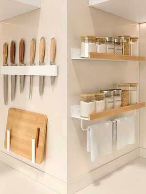 實木廚房壁掛式置物架免打孔刀架多功能收納架調味料用品家用大全