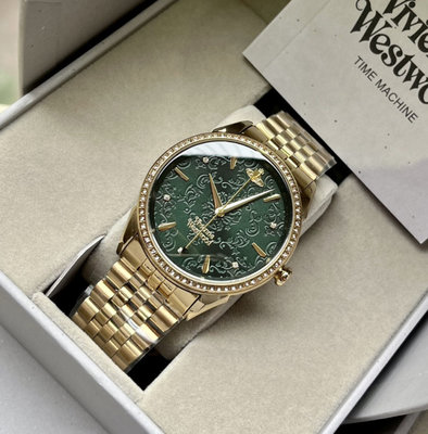 VIVIENNE WESTWOOD Wallace 水鑽圈 綠色錶盤 金色不鏽鋼錶帶 石英 女士手錶 VV208GDGD