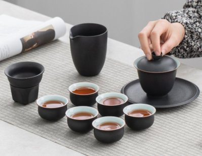 11474A 日式 黑釉陶瓷茶具組 蓋碗茶碗茶杯茶漏分茶杯組 和風典雅蓋碗六茶杯組黑陶瓷茶具套裝禮品