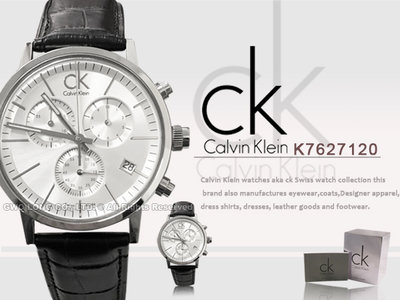 CASIO手錶專賣店 國隆 CK手錶專賣 Calvin Klein_K7627120 簡約休閒三眼白面皮革錶帶_石英男錶