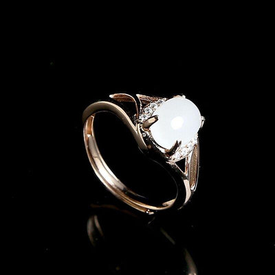 眾信優品 新疆和闐白玉戒指女玫瑰金純銀開口戒指不掉色金鑲玉飾品女戒指YS1352