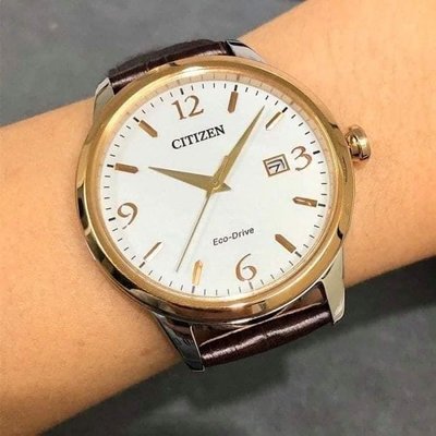 全新CITIZEN 星辰錶 40mm 光動能 玫瑰金錶圈 白面盤 咖啡皮錶帶 男錶 原價10500元.