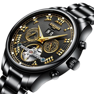 【潮裡潮氣】KINYUED正品商務黑金色全全鏤空自動機械男士手錶J011