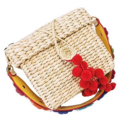 歐美時尚雜誌渡假風手工花提帶毛球編織包（原創設計手工包）